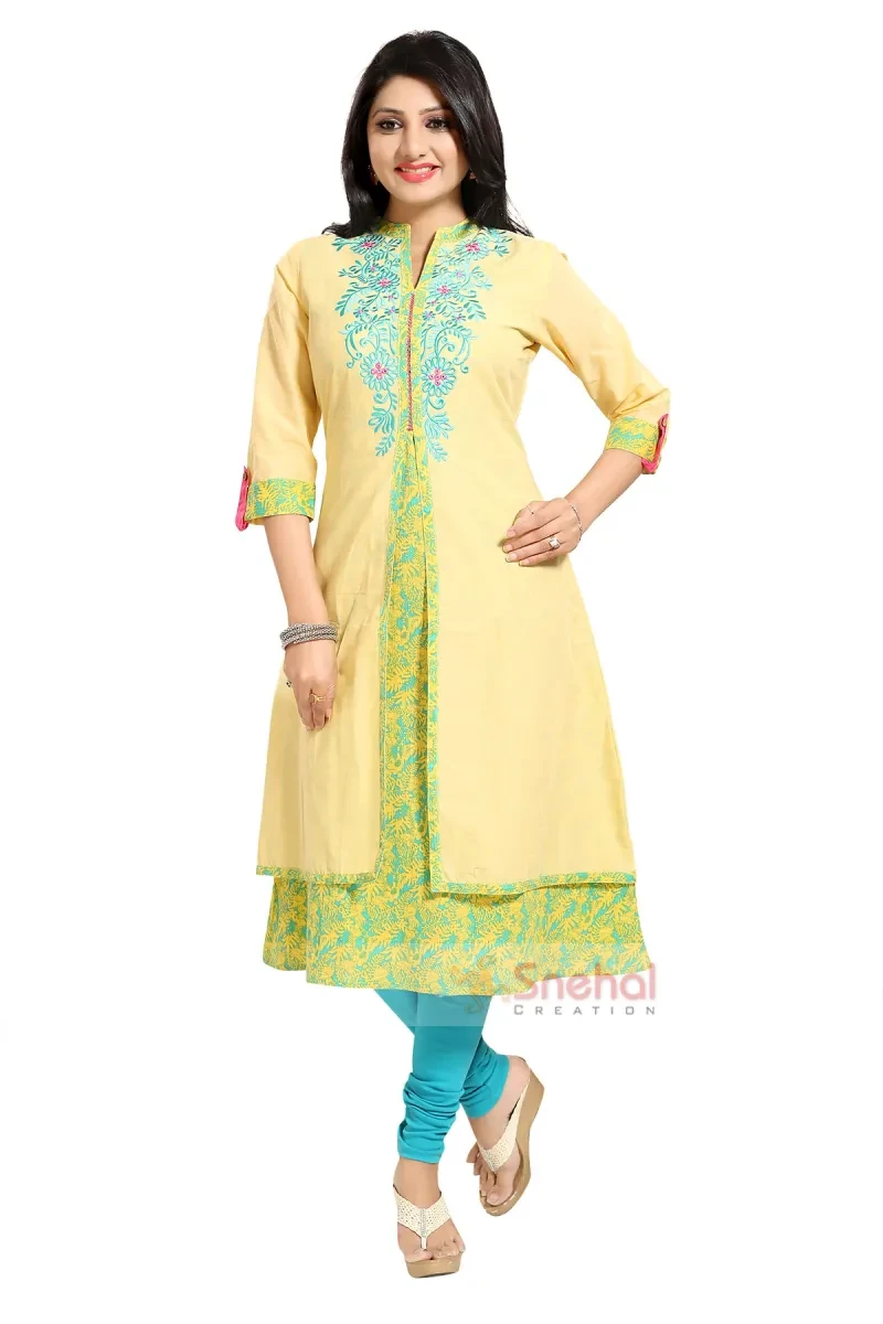 Designer A- Line Long Kurti Yellow Designer Layered A-line Long Tunic with Embroidery